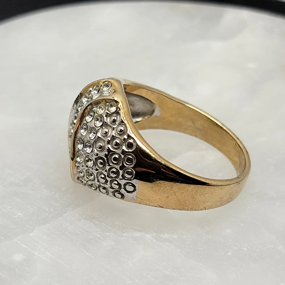 Vintage Signed RINC Coctail Ring Gold Tone Faux Diamond